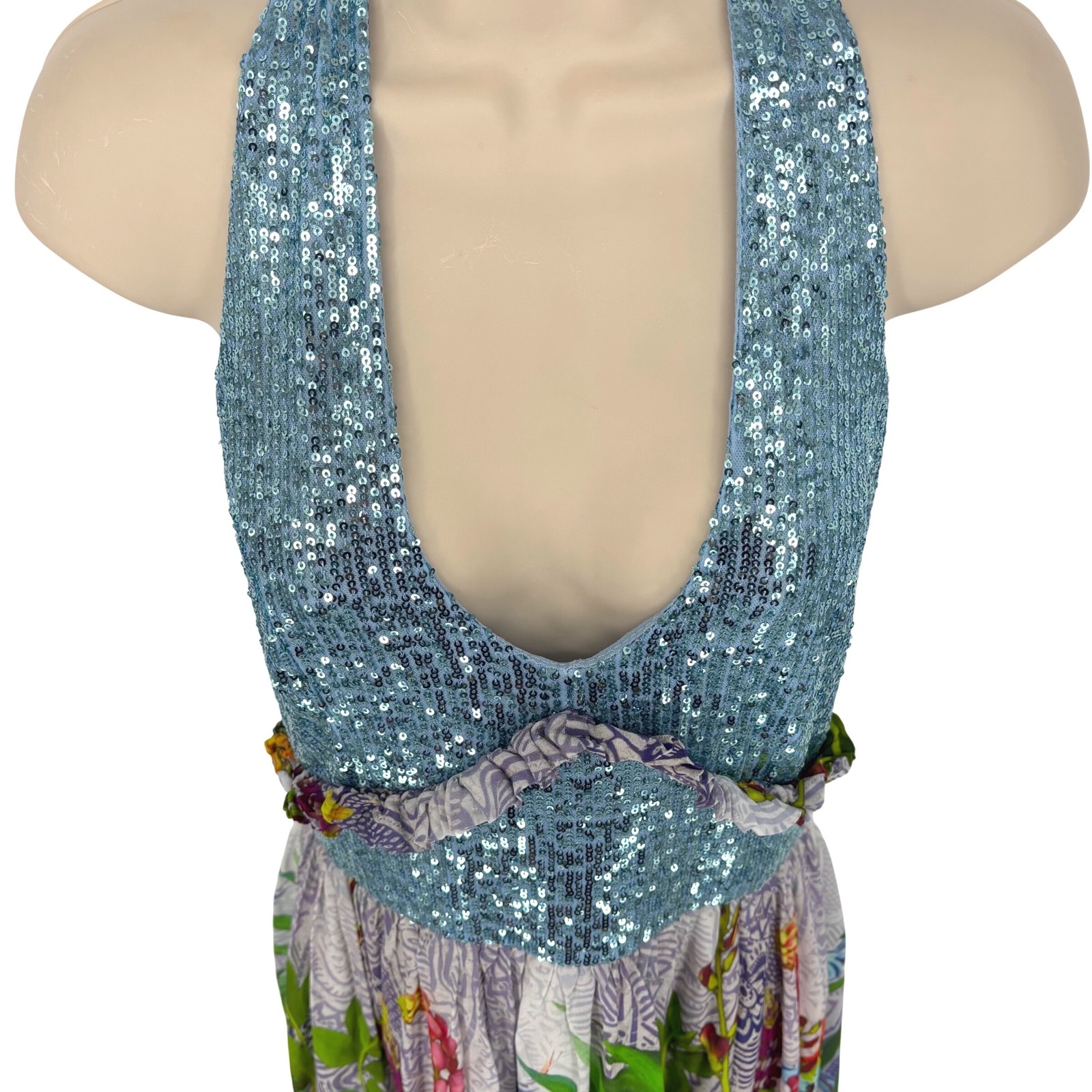 Atos Lombardini Blue Sequin Tropical Floral Halter Maxi Dress Sz Eu 44